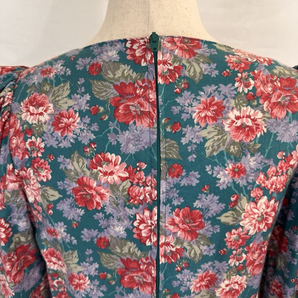 Vintage Laura Ashley Prairie Maxi Dress Floral Cottagecore 10 Cotton Puff Teal - Picture 8 of 12